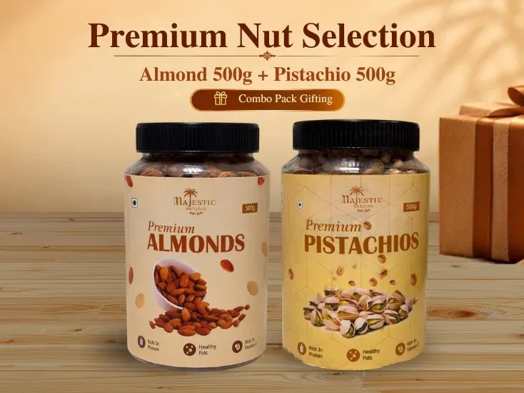 Premium Nut Selection Pack with almonds and pistachios by Majestic Medjool